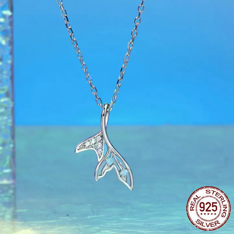 White Gold Plated Fish Tail Necklace for Women, 925 Sterling Silver Nano Opal Heart Necklace