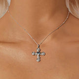 925 Sterling Silver Cross Pendant Necklace Retro Rose Pattern Neck Chain for Women Party Fine Jewelry Gift