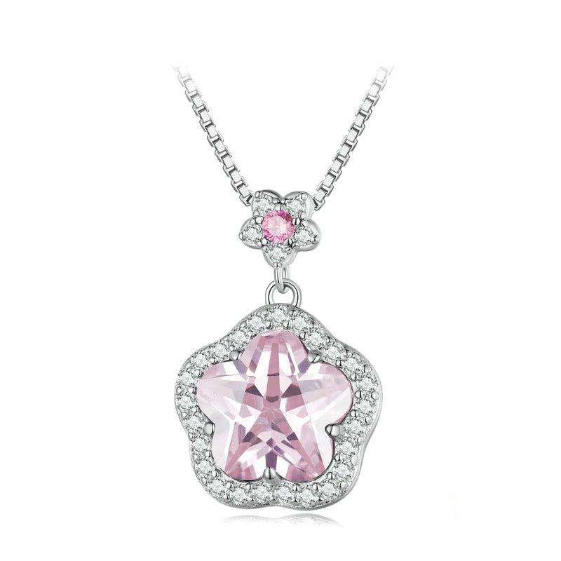925 Sterling Silver Pink Flower Pendant Necklace Little Star Neck Chain Pave Setting CZ for Women Valentine's Day Gift