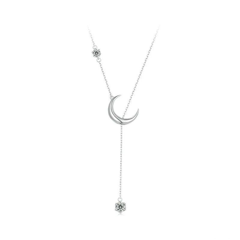 925 Sterling Silver Y-Shape Moon Pendant Necklace Water-drop Zircon Neck Chain for Women Anniversary Gift Fine Jewelry