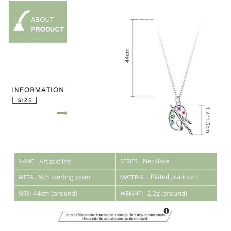 925 Sterling Silver Color Palette Necklace Chain Zircon Crystal Art Brush for Women Fine Statement Jewelry