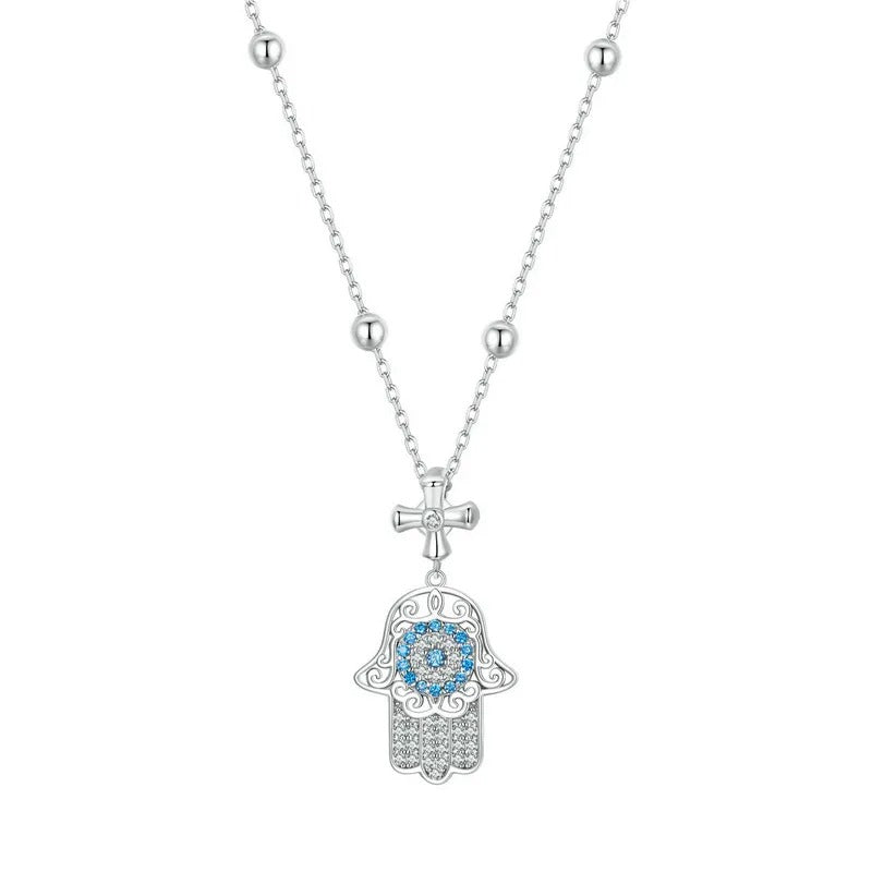 925 Sterling Silver Exquisite Fatima's Hand Necklace Guarding Hand Neck Chain Pave Setting CZ for Women Birthday Gift
