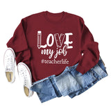 Pullover mit Rundhalsausschnitt und Buchstaben „Love My Job Teacher“, lockerer Langarmpullover für Damen