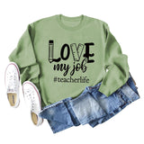 Pullover mit Rundhalsausschnitt und Buchstaben „Love My Job Teacher“, lockerer Langarmpullover für Damen