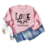 Pullover mit Rundhalsausschnitt und Buchstaben „Love My Job Teacher“, lockerer Langarmpullover für Damen