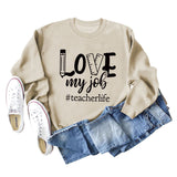 Pullover mit Rundhalsausschnitt und Buchstaben „Love My Job Teacher“, lockerer Langarmpullover für Damen