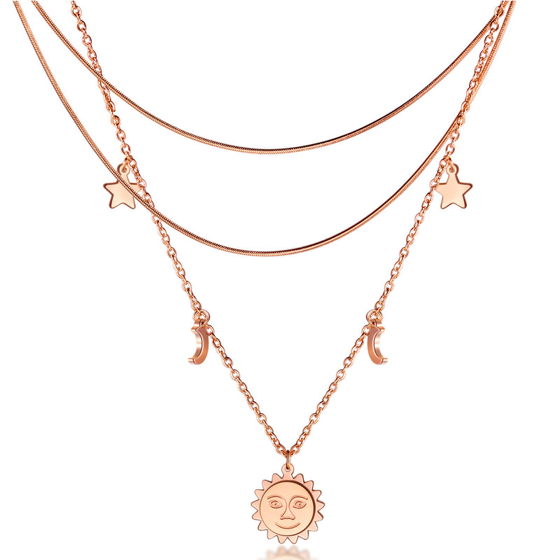 NEHZUS Mehrlagige Halskette mit runden Teilen, Stern- und Mond-Set, Stern und Mond, zwei in einer, rosévergoldete Verschlusskette