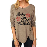 Women Fashion Top Christmas Snowflake Letter Irregular Button Long Sleeve Round Neck T-Shirt