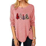 Haut d'arbre de noël pour femmes, chemise à manches longues et col rond avec boutons irréguliers