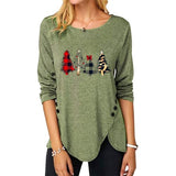 Haut d'arbre de noël pour femmes, chemise à manches longues et col rond avec boutons irréguliers