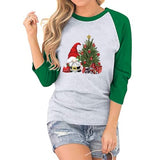Damen T-Shirt mit Weihnachtsmann- und Weihnachtsbaum-Motiv und Raglan-Ärmeln