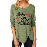 Women Fashion Top Christmas Snowflake Letter Irregular Button Long Sleeve Round Neck T-Shirt