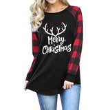 Women Fashion Blouse Christmas Deer Head Buffalo Plaid Long Sleeve Shirt
