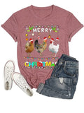 Funny Chicken Christmas Shirt Women Merry Christmas Chicken Shirt Santa Hat Lights Xmas T-Shirt
