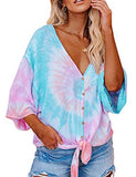 Women V Neck 3/4 Bat Sleeve Tie dye Blouse with Buttons