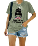 Shit Show Supervisor Tee Women Casual Messy Bun Bleached T-Shirt