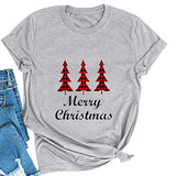 Women Merry Christmas T-Shirt Plaid Christmas Tree Shirt