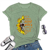 Sunshine Mixed with A Little Hurricane Women Graphic T-Shirt Sunflower Skull Shirt