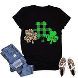 Women Green Buffalo Plaid & Leopard Lucky Clovers T-Shirt St Patricks Day Shirt