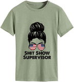 Shit Show Supervisor Tee Women Casual Messy Bun Bleached T-Shirt
