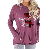 Chemisier de poche pour femmes, coutures à carreaux, imprimé bonhomme de neige de noël, col rond, chemise à manches longues