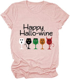 Women Happy Hallo Wine Drinking T-Shirt Halloween Wine Tee Tops