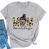 Women Mom Life T-Shirt Leopard Skull Mom Shirt Messy Bun Skull Graphic Shirt