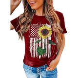 Women American Flag Sunflower T-Shirt Sunflower Graphic Tee Shirt