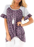 Women Raglan Short Sleeve Leopard Stitching Twist Knotted T-Shirt