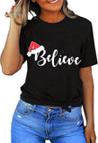 Women Believe Christmas Shirt Long Sleeve Christmas Blouse T-Shirt