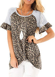 Women Raglan Short Sleeve Leopard Stitching Twist Knotted T-Shirt