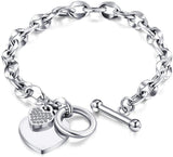 Womens Stainless Steel Link Chains Heart Charms Bracelets for Teen Age Girl Toggle Clasp Closure