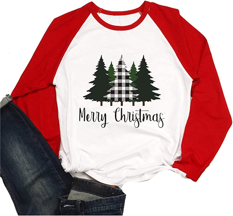 Damen Langarmbluse „Frohe Weihnachten“ mit Weihnachtsbaum-Raglan-Shirt