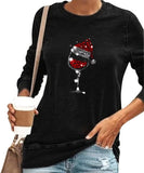 Chemisier de mode pour femmes, T-Shirt à manches longues et col rond imprimé verre de vin rouge de noël