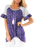 Women Raglan Short Sleeve Leopard Stitching Twist Knotted T-Shirt