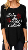 Women Fashion Top Christmas Snowflake Letter Irregular Button Long Sleeve Round Neck T-Shirt