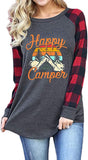 Damen Happy Camper Bluse mit langen karierten Ärmeln, Tunika-Shirt