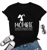 Damen-T-Shirt „Mombie Feeds on Caffeine and Wine“ mit Rundhalsausschnitt und kurzen Ärmeln (Schwarz, Medium)