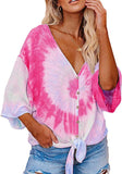 Women V Neck 3/4 Bat Sleeve Tie dye Blouse with Buttons