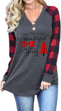Damen Weihnachtsdruck V-Ausschnitt Langarmshirt Weihnachtsbluse