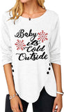 Women Fashion Top Christmas Snowflake Letter Irregular Button Long Sleeve Round Neck T-Shirt