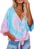 Women V Neck 3/4 Bat Sleeve Tie dye Blouse with Buttons