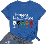 Women Happy Hallo Wine Drinking T-Shirt Halloween Wine Tee Tops