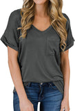 Women Fashion V Neck Tunic Shirt Basic T-Shirt with Pocket