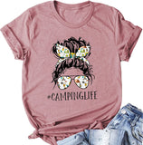 Camping Life T-Shirt for Women Messy Bun Glasses Shirt Woman Camper Shirt Camping Hair Shirt