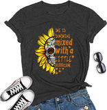 Sunshine Mixed with A Little Hurricane Women Graphic T-Shirt Sunflower Skull Shirt