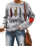 Women Long Sleeve Buffalo Plaid & Leopard Leaves Thankful Sweatshirt Thanksgiving Shirt