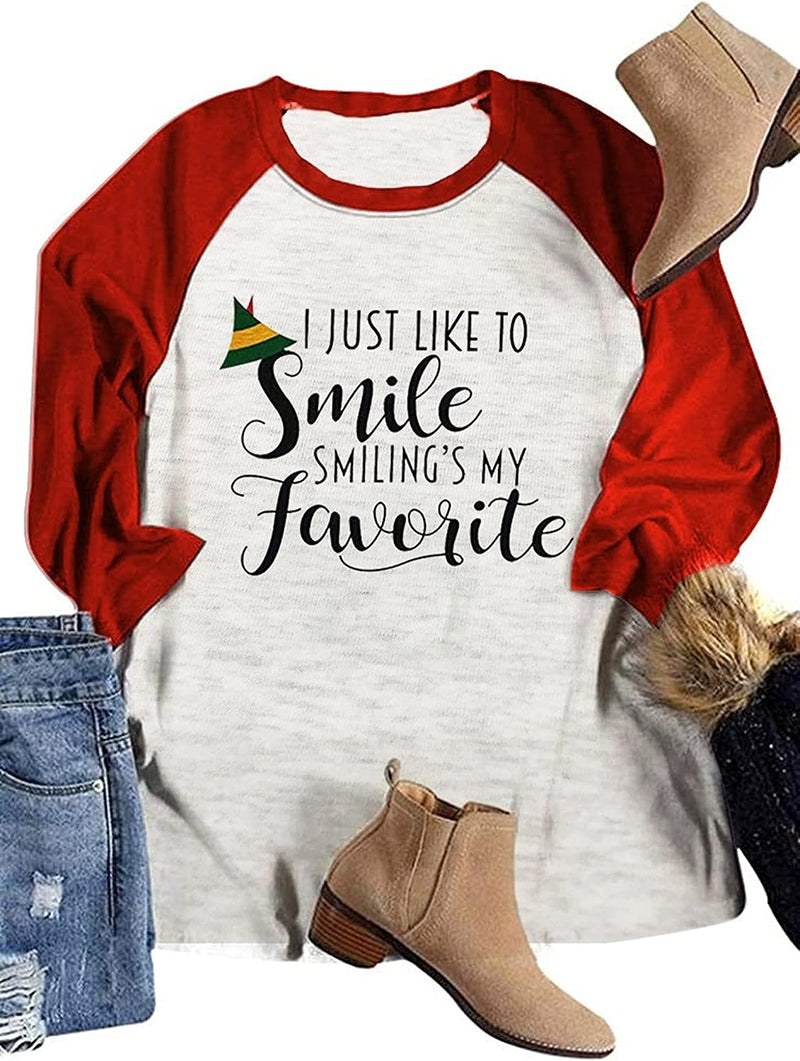 Damen Weihnachtsbluse mit 3/4-Ärmeln „I Just Like to Smile Smiling's My Favorite X-Mas“-Motiv