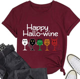 Women Happy Hallo Wine Drinking T-Shirt Halloween Wine Tee Tops