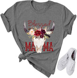 Women Blessed Mama Bull Skull T-Shirt Floral Mama Shirt